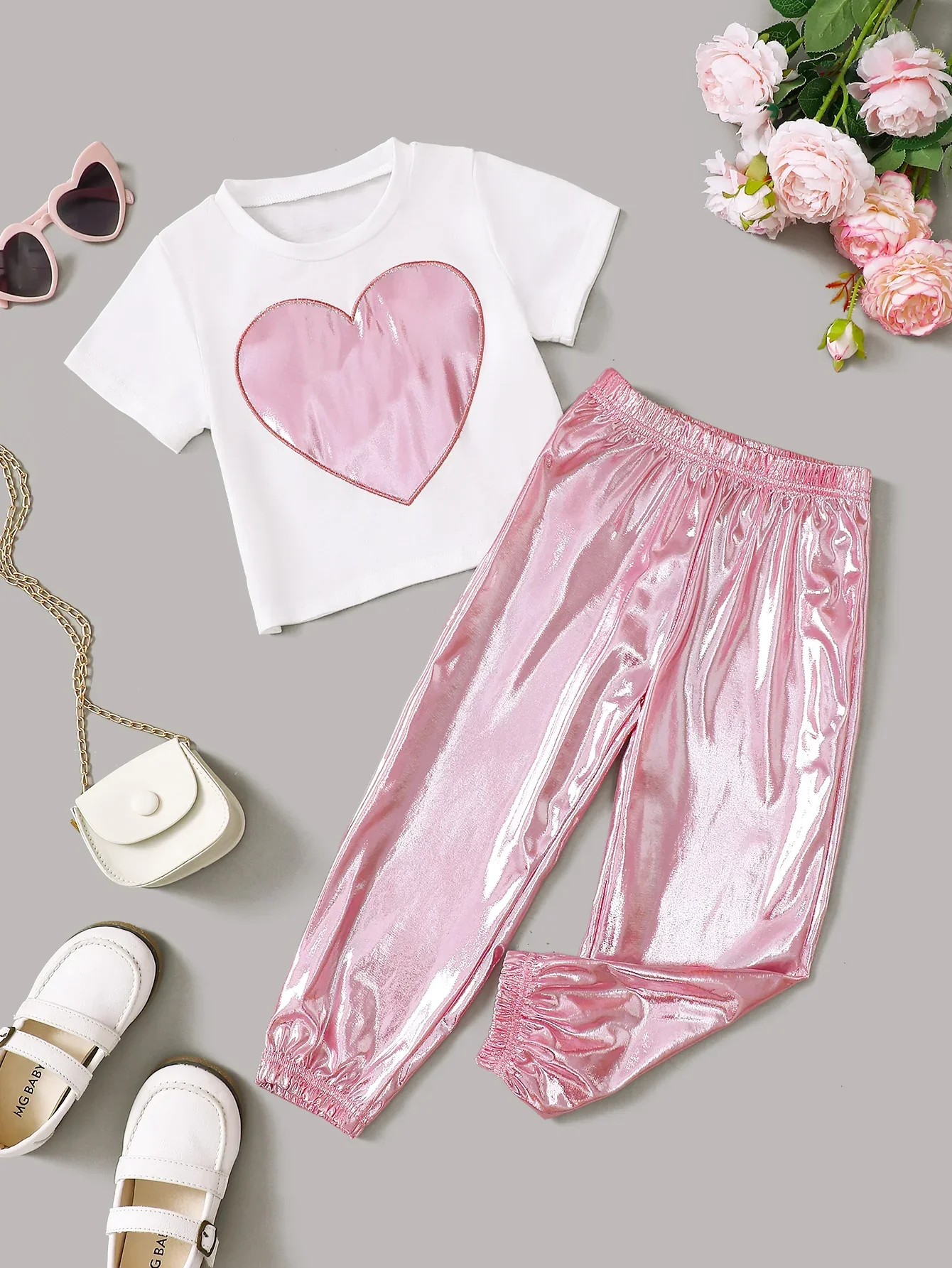 Summer  4-7  Years  Old  Peach  Heart  Print  Short  Sleeved  T-shirt  Pants  Casual  2-Piece  Set