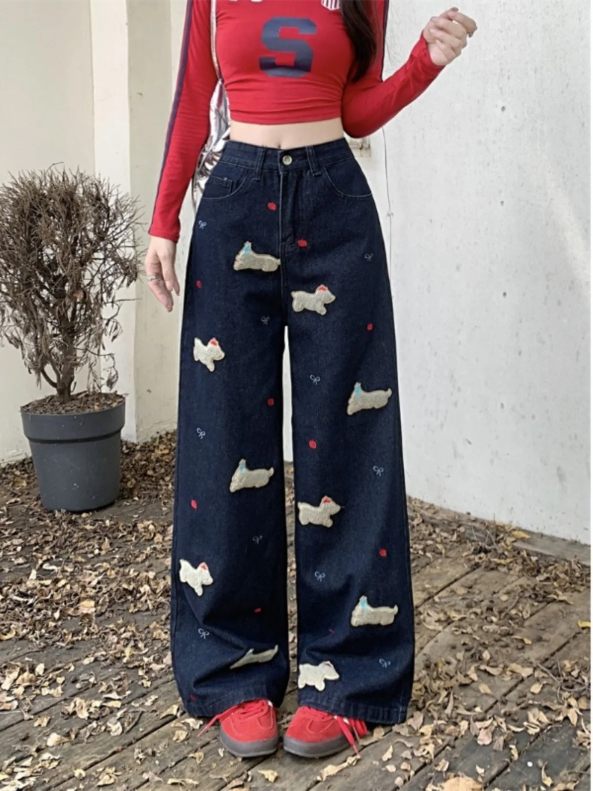 

High Waist Wide Leg Denim Jeans Women's Spring 2026 New Loose Slimming Dog Patch Embroidery Versatile Straight Cut Jeans