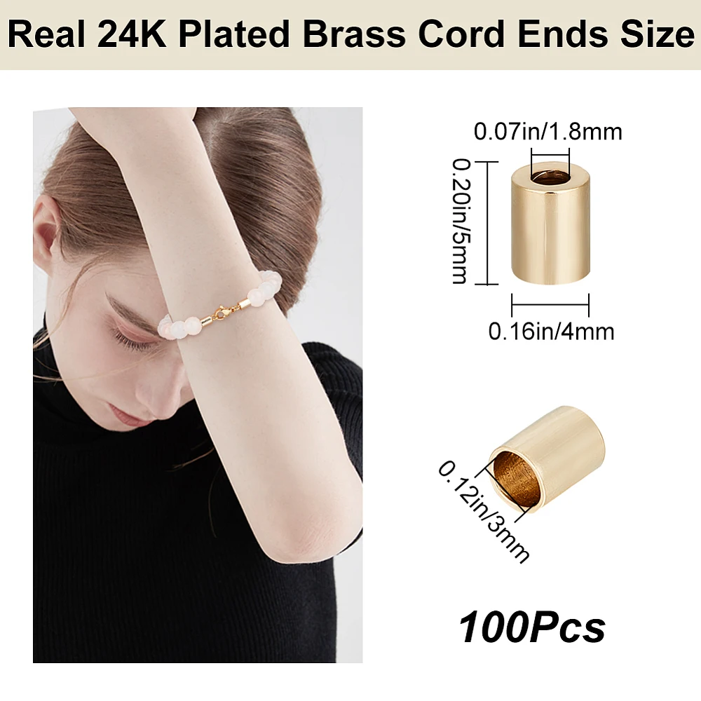 100Pcs 24K Gold Plated Brass Leather Cord Ends Caps Terminators Barrel Crimp End Tips Glue in Tassel Caps for Beading Bracelet