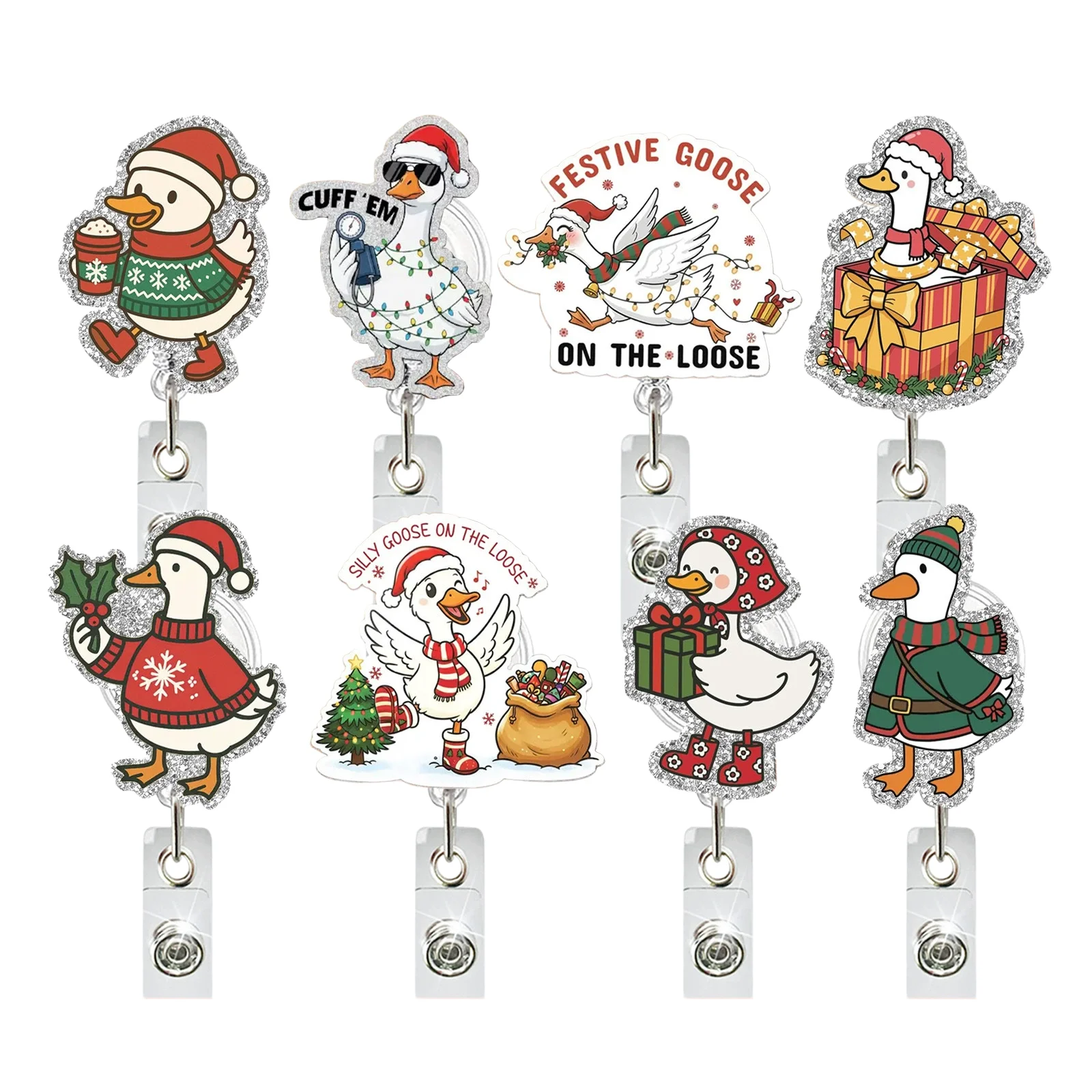 Cute Goose Christmas Retractable Badge Reel Acrylic Rotating Id Badge Holder For Office Staff Card Holder Keychain Xmas Gift