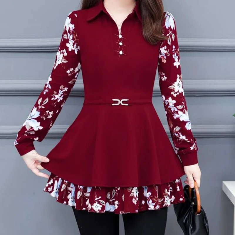 New Autumn Winter Thin Turn-down Collar Long Sleeve Pullovers Slim Red Tops Ladies Elegant T-Shirts Patchwork Women Clothing