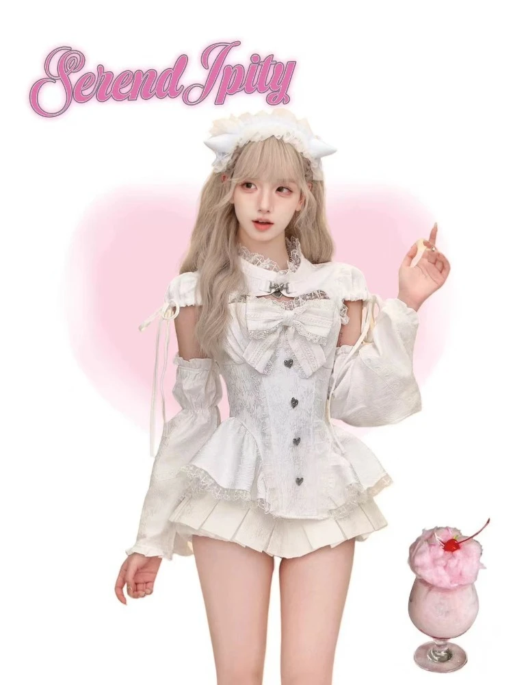 

Летняя японская модная юбка в стиле Лолиты, комплект женской кавайной кружевной лоскутный топ с бантом, милая мини-юбка-тортик, корейский комплект из 2 предметов Y2k