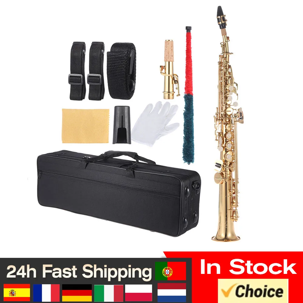 

Brass Straight Soprano Sax Saxophone Bb B Flat Woodwind Instrument Natural Shell Key Carve Pattern with Carrying Case Gloves