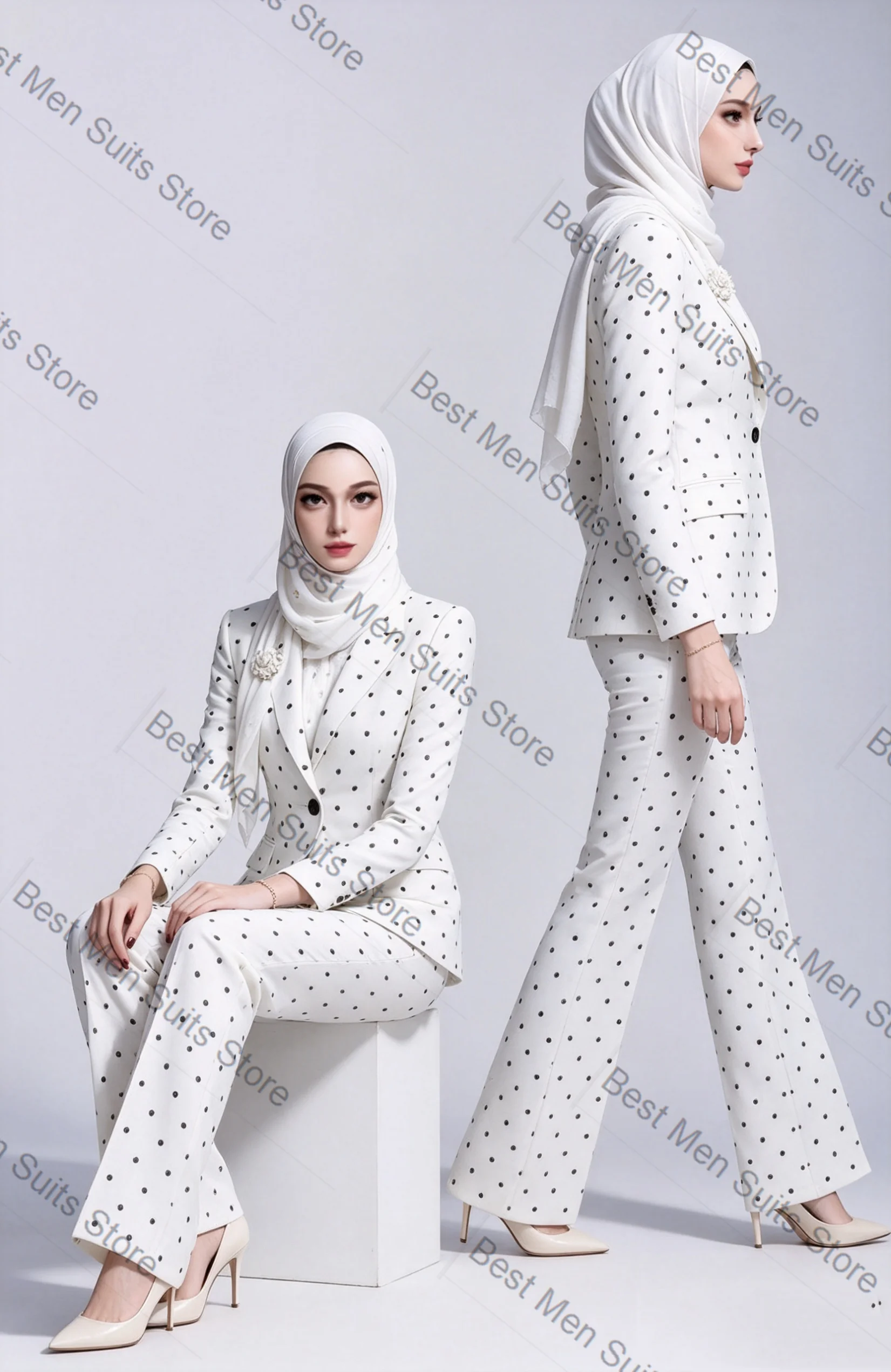

White Black Dot Women Suit Set 2 Pcs Blazer+Pants Trousers Cotton Formal Office Lady Jacket Customized Wedding Guest Coat
