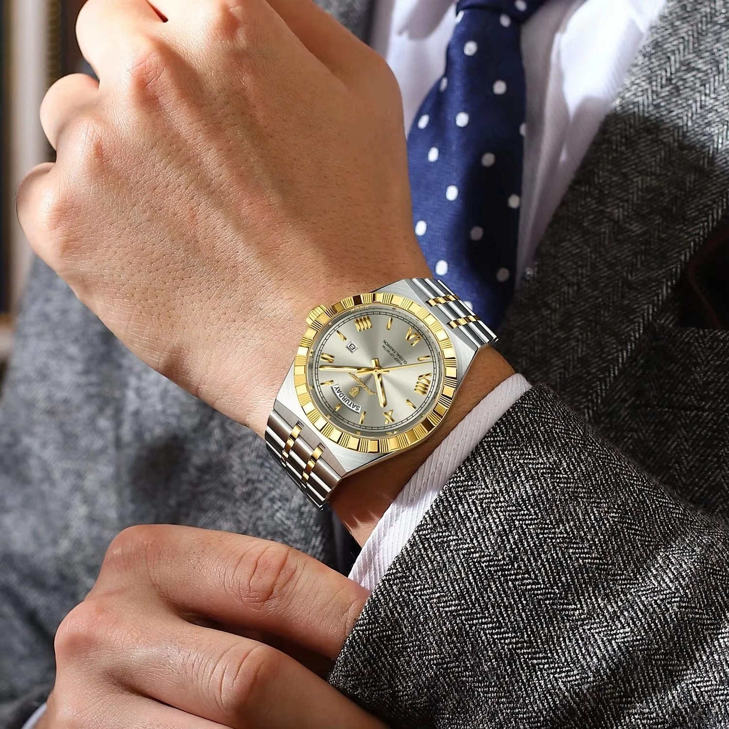 POEDAGAR Fashion Quartz Watches For Men Waterproof Luminous Week Date Man Watch Stainless Steel Men's Exquisite Wristwatch Reloj