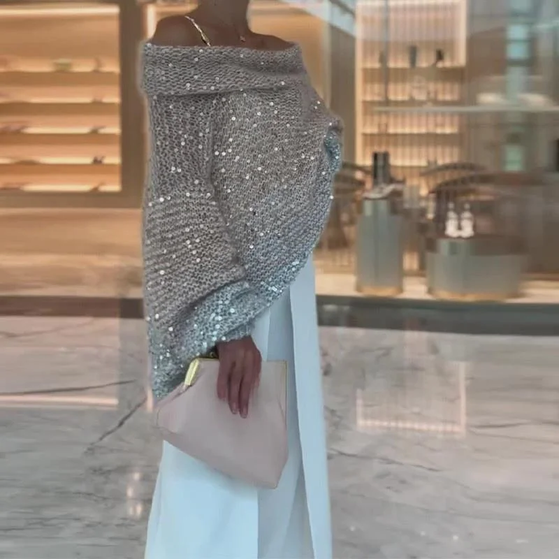 

Однотонный вязаный свитер с пайетками и бусинами, с открытыми плечами, свободного кроя, с длинными рукавами-фонариками, Весна 2025, Женская мода