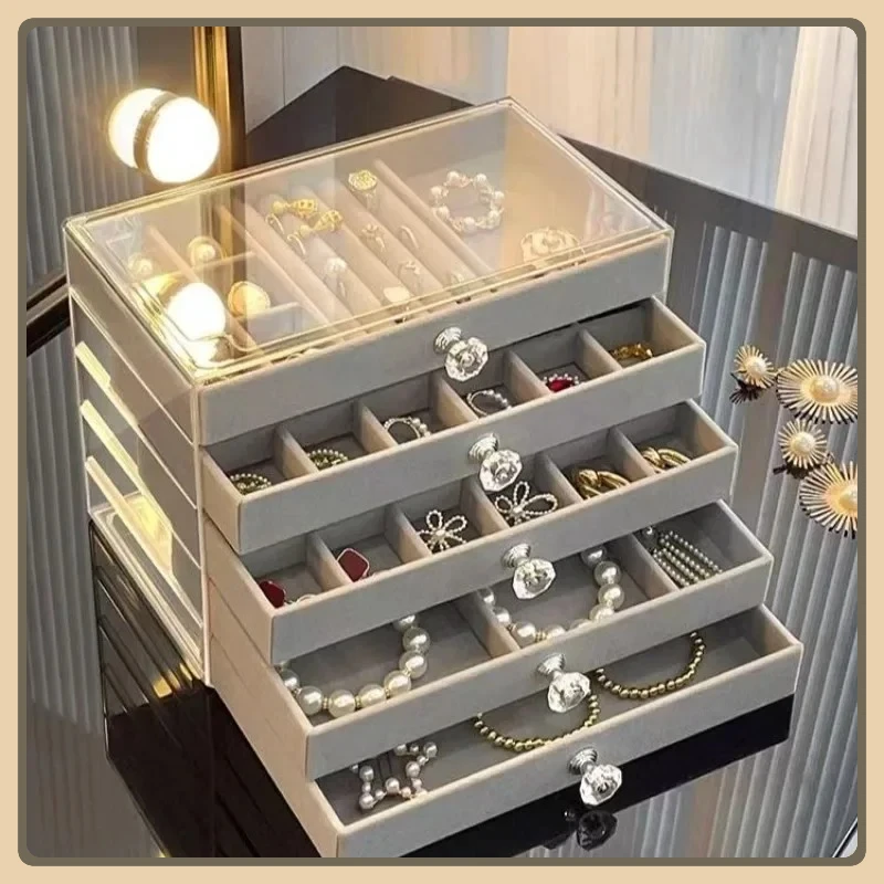 

Новая вместительная антиоксидантная шкатулка для украшений с 5 изысканными серыми ящиками, футляр для хранения серег, колец и браслетов