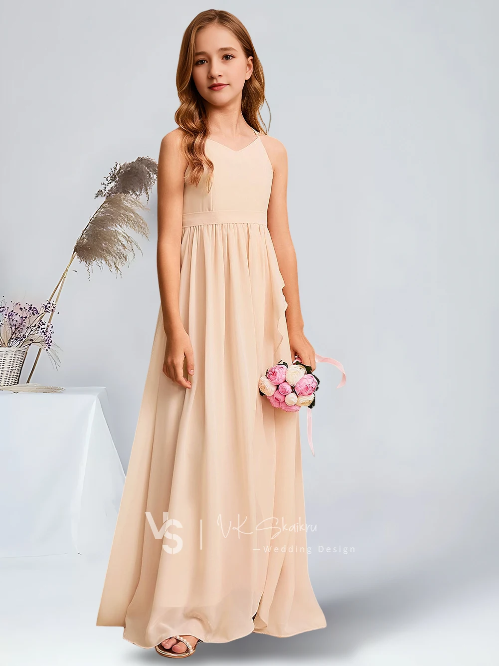 Vestido de dama de honor de gasa para niños, traje elegante con cuello en V, longitud hasta el suelo, color rosa perla, impresionante flor, fiesta, boda