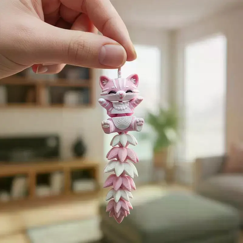 3D Printed Pink Cat Keychain With Articulated Flexible Tail Cute Cartoon Design For Backpack Decoration Gifts For Cat Lovers