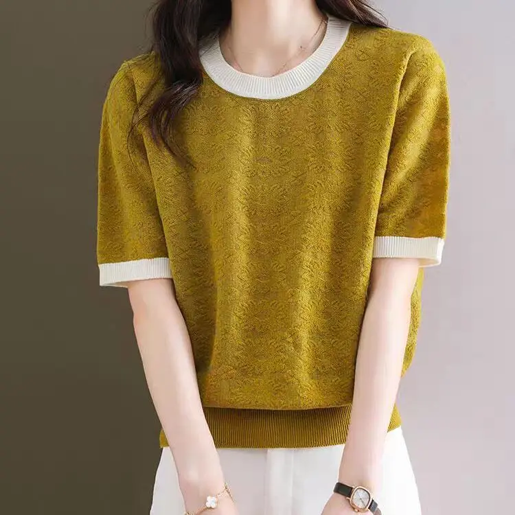 

Short Sleeved Summer Fashion Trendy New Color Clashing Round Neck Slimming Loose Top for Young People Ice Silk Knitwear