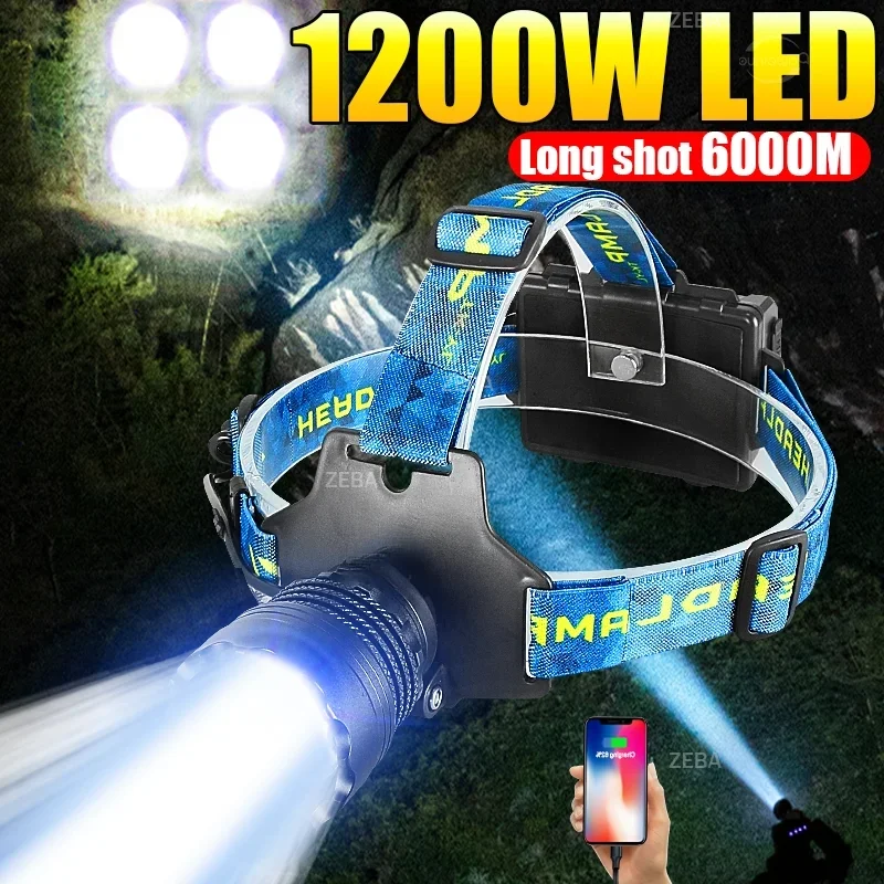 New 1200W Super Bright LED Headlight IPX6 Waterproof Headlamp Outdoor Work Head Lantern 18650 Head Lamp For Camping Hiking Light