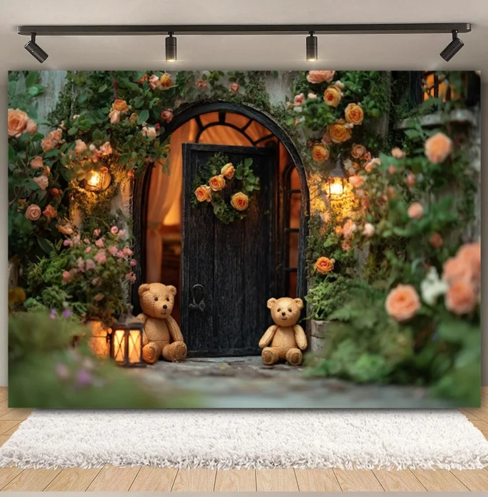 

Vintage Fairy Tale House Toy Bear Arched Flower String Lantern Banner Background, Children's Birthday Party Photography Backdrop