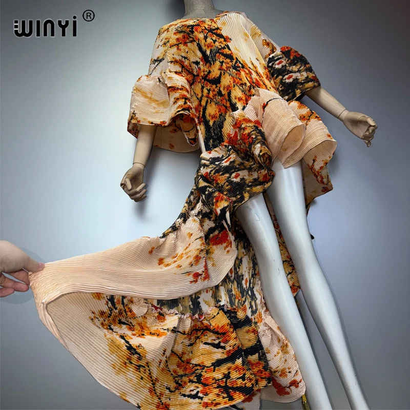 WINYI Boho Beachwear Pleated Elastic Slim Dress for Muslim Women Kaftan Abaya Cover up Dubai Luxury Long down Holiday Evening We