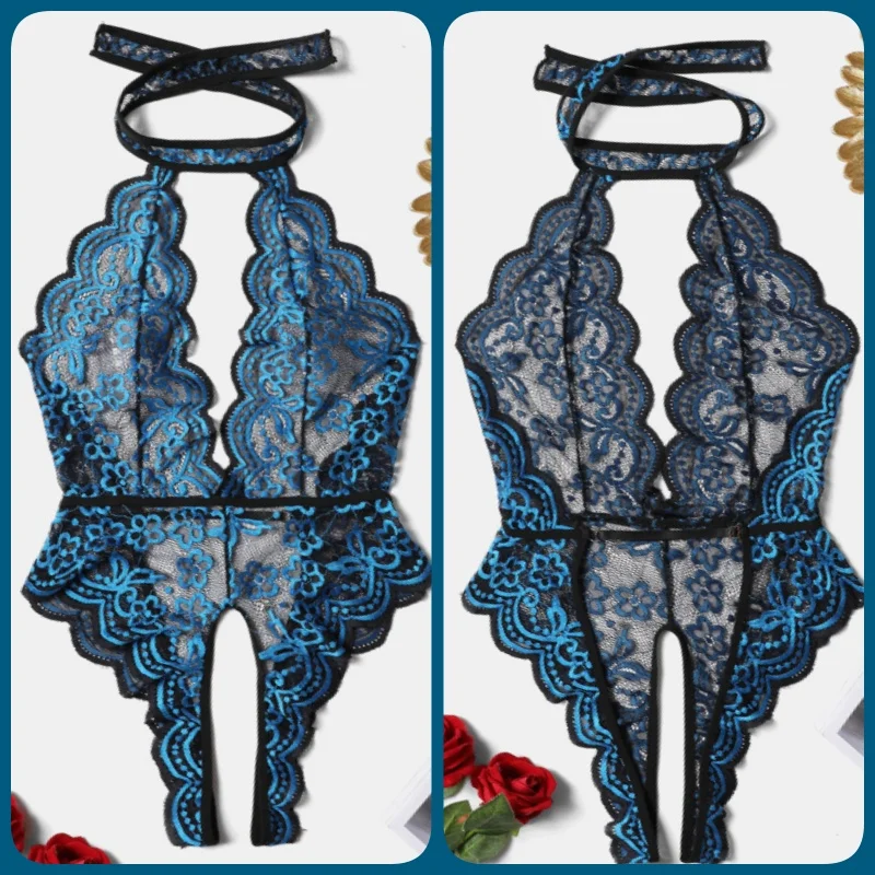 One Piece Sexy Backless Bodysuit 2024 Blue Lingerie Erotic Lace Underwear Porn Dress Clothing Sheer Open Crotch Fetish Bodysuit
