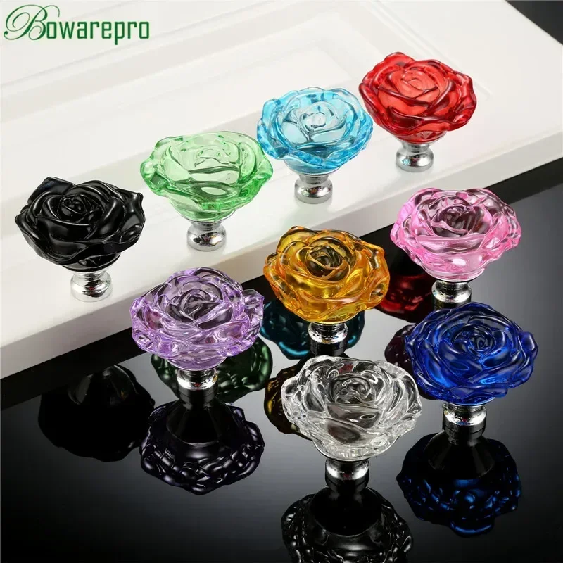 Bowarepro 50 มม.คริสตัลRoseแก้วจับตู้ลิ้นชักดึงตู้เสื้อผ้าครัวเฟอร์นิเจอร์ฮาร์ดแวร์Knobs Handles