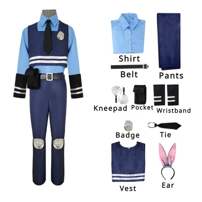 Ss13Movie Zootropolis 주디 코스프레 의상 여성 드레스 벨트 타이 모자 배지 풀 세트 남성 경찰 역할 놀이 유니폼 정장 할로윈