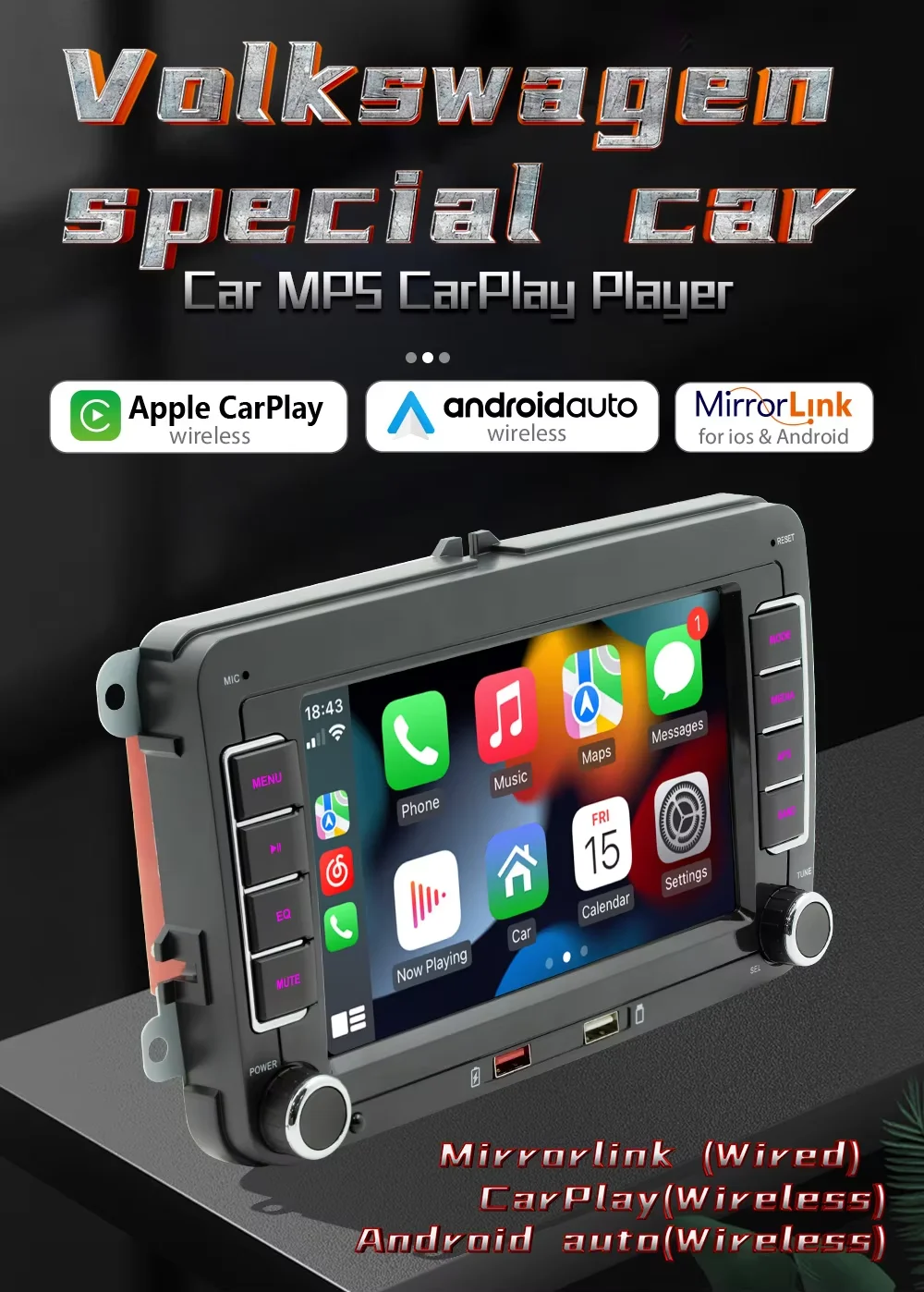 BQCC 7'' 2 DIN HD Car Media Video RDS Airplay Car Radio Wireless CarPlay Android Auto Stereo for VW/SEAT/Skoda/Passat/Golf/Polo