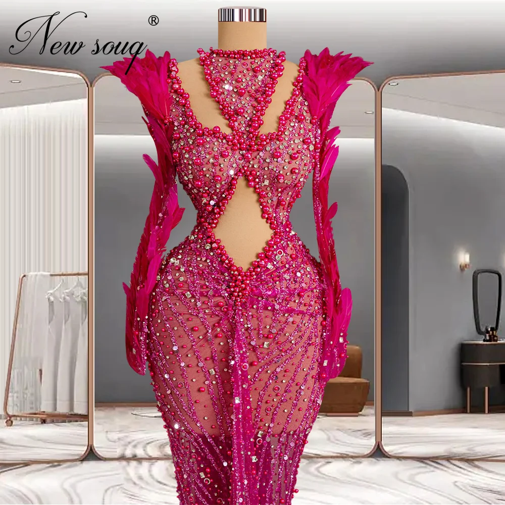 Customized Fuchsia Pearls Party Dress Vestidos De Noche Cut Out Feathers Women Evening Dresses Arabic Dubai Long Prom Gowns 2023