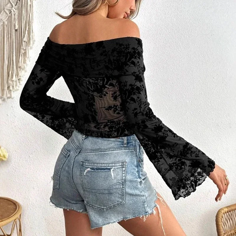 

Новая шикарная элегантная женская рубашка с открытыми плечами и длинными рукавами на весну и лето, сексуальная полупрозрачная повседневная блузка с вышивкой и принтом