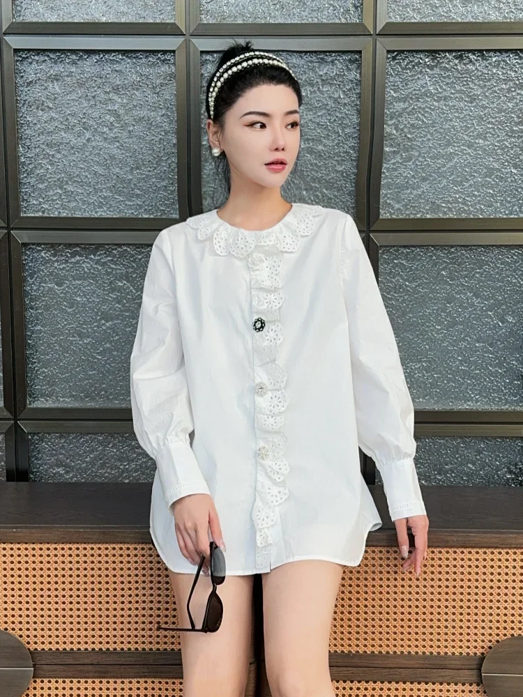 Personalized design lace collar shirt for women in winter 2024, fashionable temperament loose fit top suitable for commuting