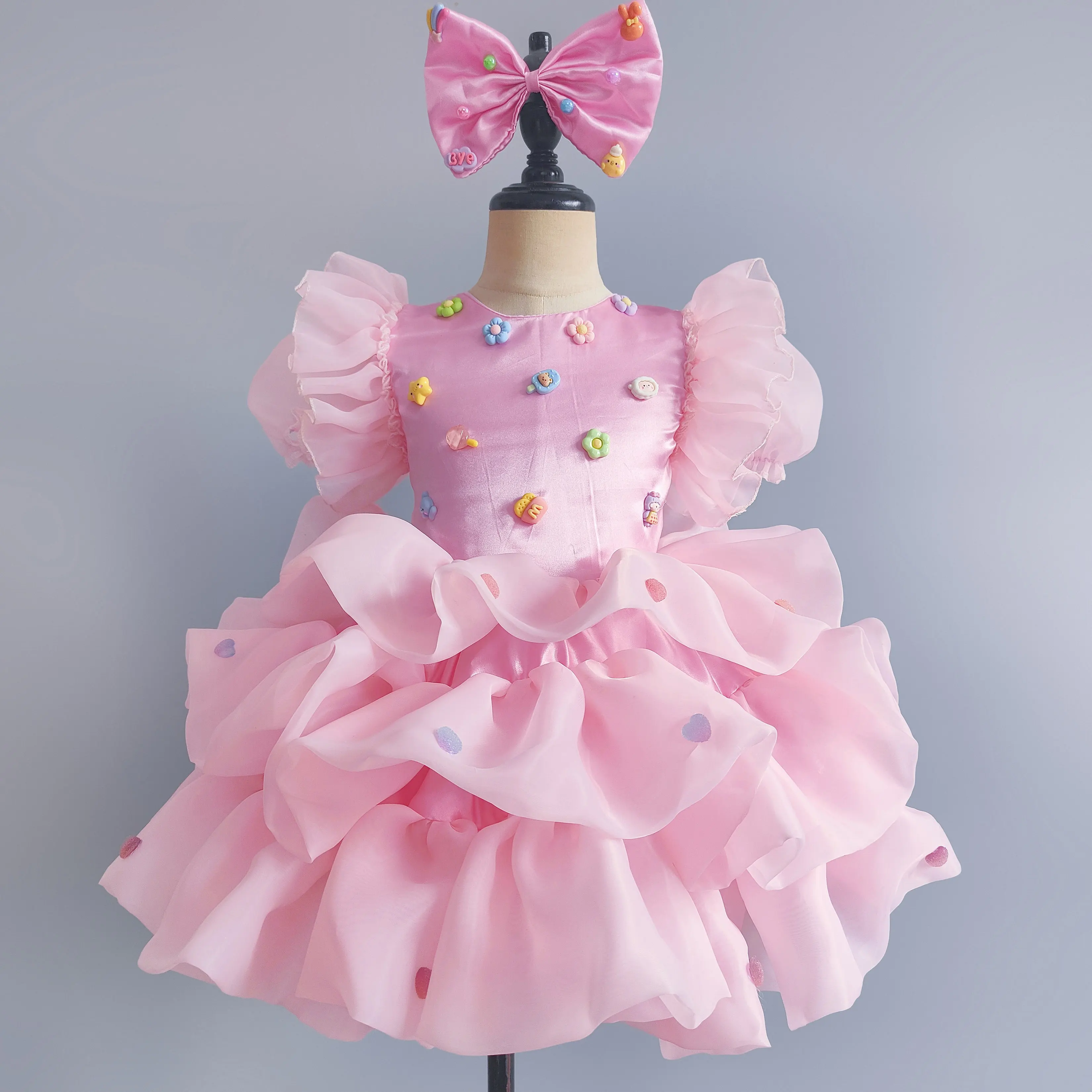 Girls Pink 3D Floral Decor Ballet Tutu Dress Kids Ruffle Sleeve Ballerina Costume Children Layered Tulle Skirt Stage Dance Wear