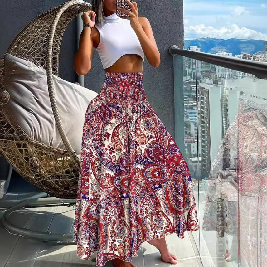 Women\'s Half Skirt Retro Printed Summer Dress New High Waisted A-line Large Hem Half Body Casual Skirt Flower Half Body Skirt