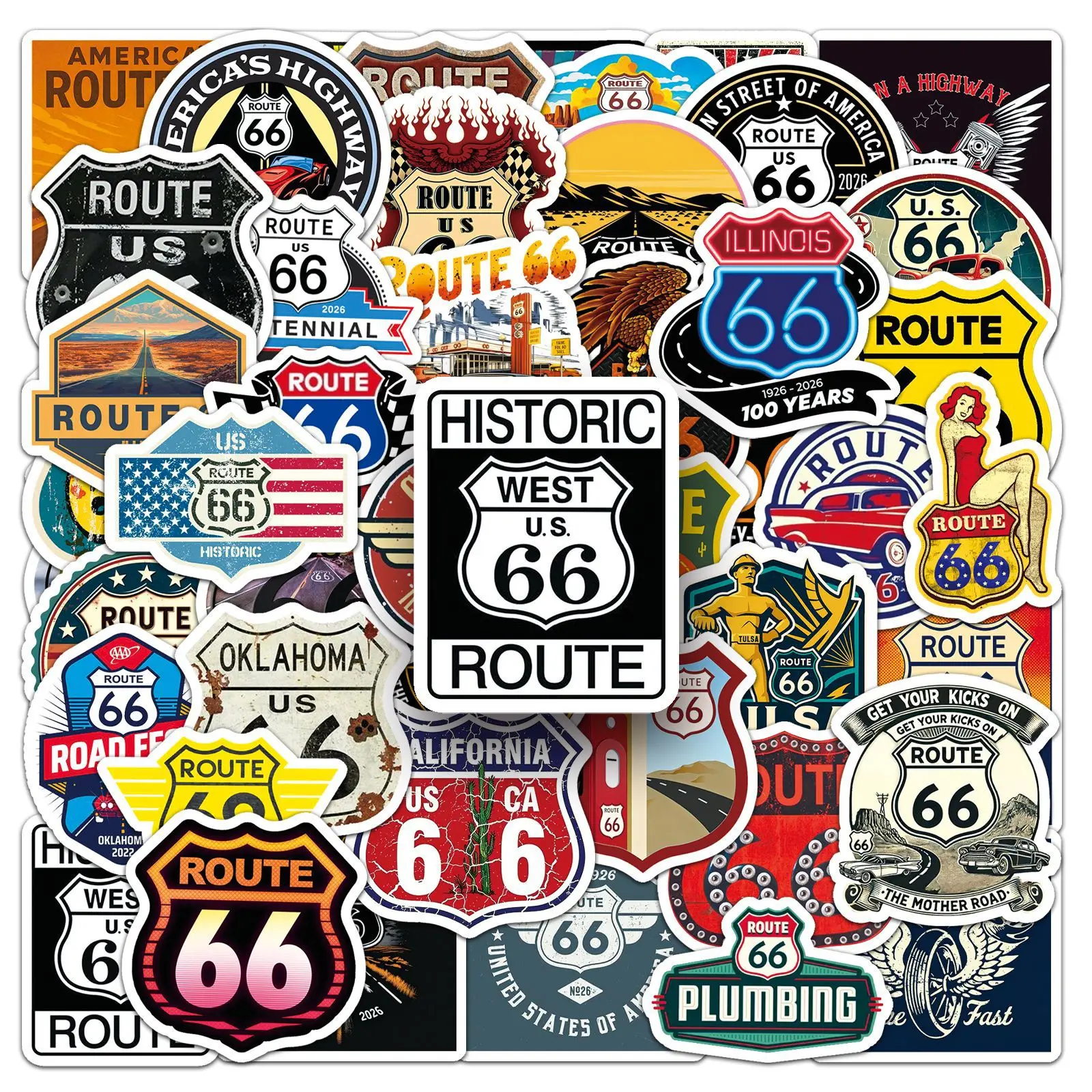 50 Stück Route 66 Cartoon-Aufkleber, DIY-Graffiti-Aufkleber für Telefon, Gepäck, Laptop, Gitarre, Fahrrad, Skateboard, Kühlschrank, Spielzeug, wasserfester Aufkleber, Dekoration, Geschenk