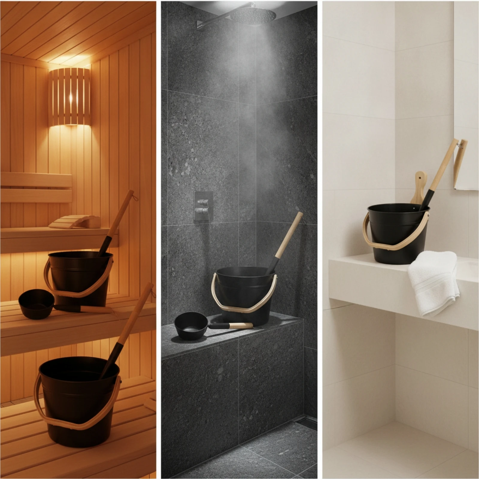 Sauna Pail with Ladle Matte Black Cubeta Cazo Compact Recipiente Ergonómico for Homeowners, Spa, Steam Room