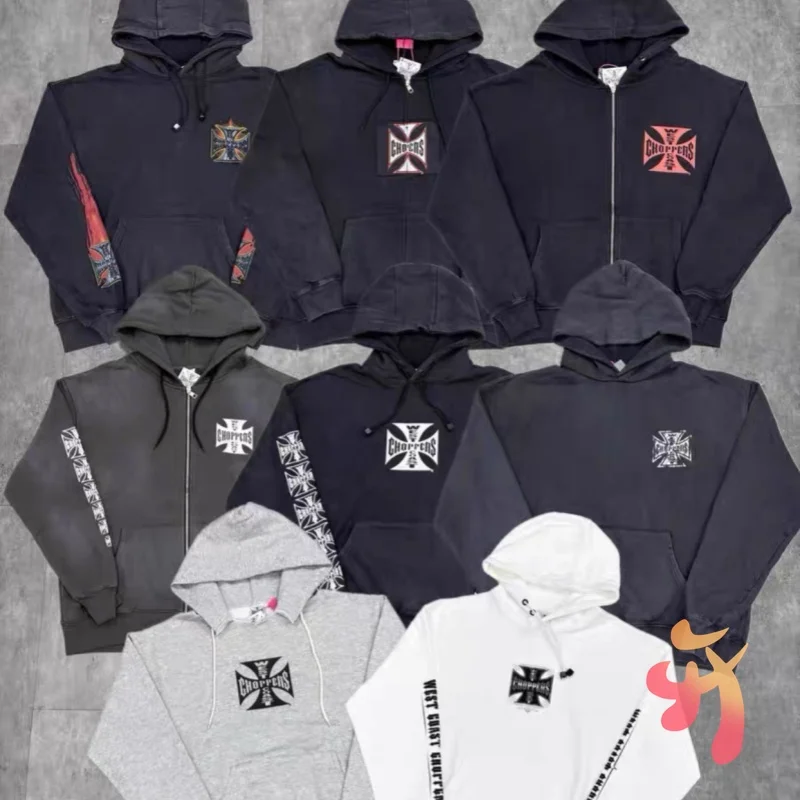 

STOCK American Street West Coast Choppers Hoodies Retro Washed Hole Cross Print Zipper Hoodies Oversized Men Women Hoody