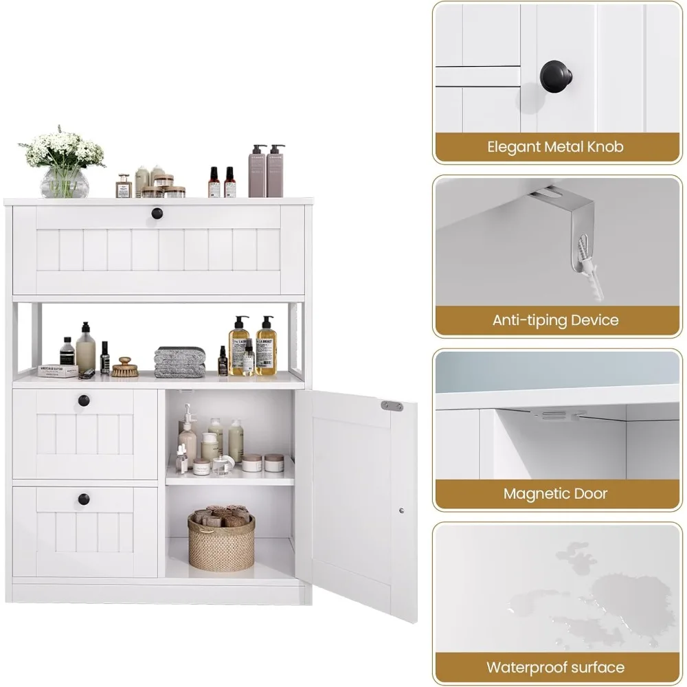 خزانة أرضية حمام معاصرة ذات 3 أدراج مع أرفف قابلة للتعديل للتخزين والتنظيم #6