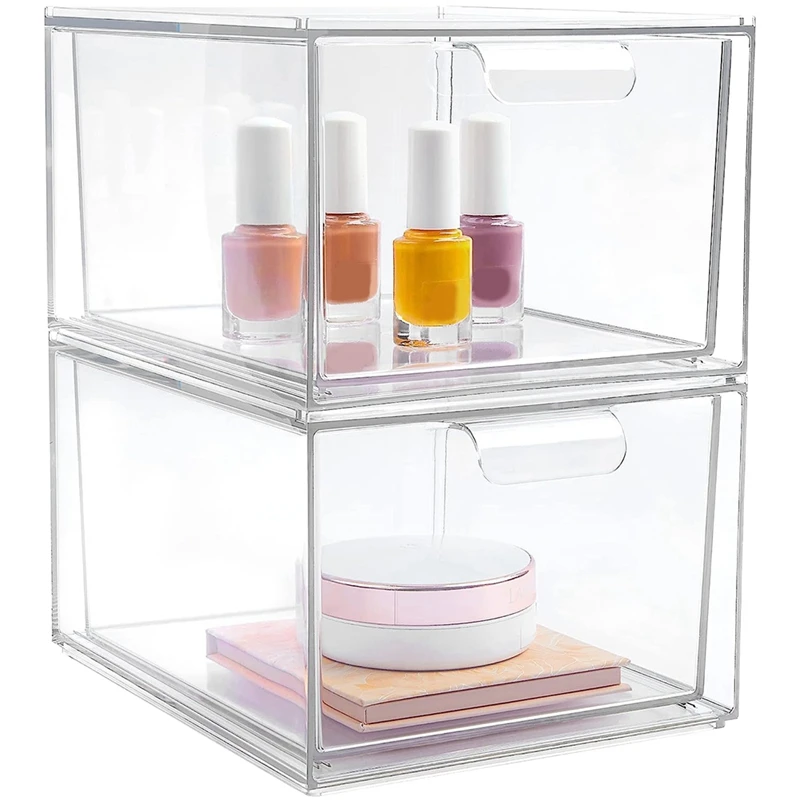 

2 Pack Stackable Makeup Organizer Clear Plastic Storage Box Acrylic Bathroom Organizer