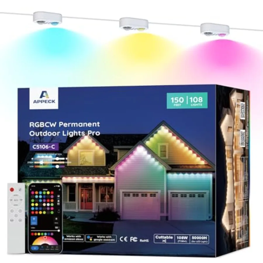 

Permanent Outdoor Lights Pro 150Feet 108W RGBCW Eaves Lights with 108 LED Lights 80lm Cuttable 111 Scene Modes IP67 Waterproof