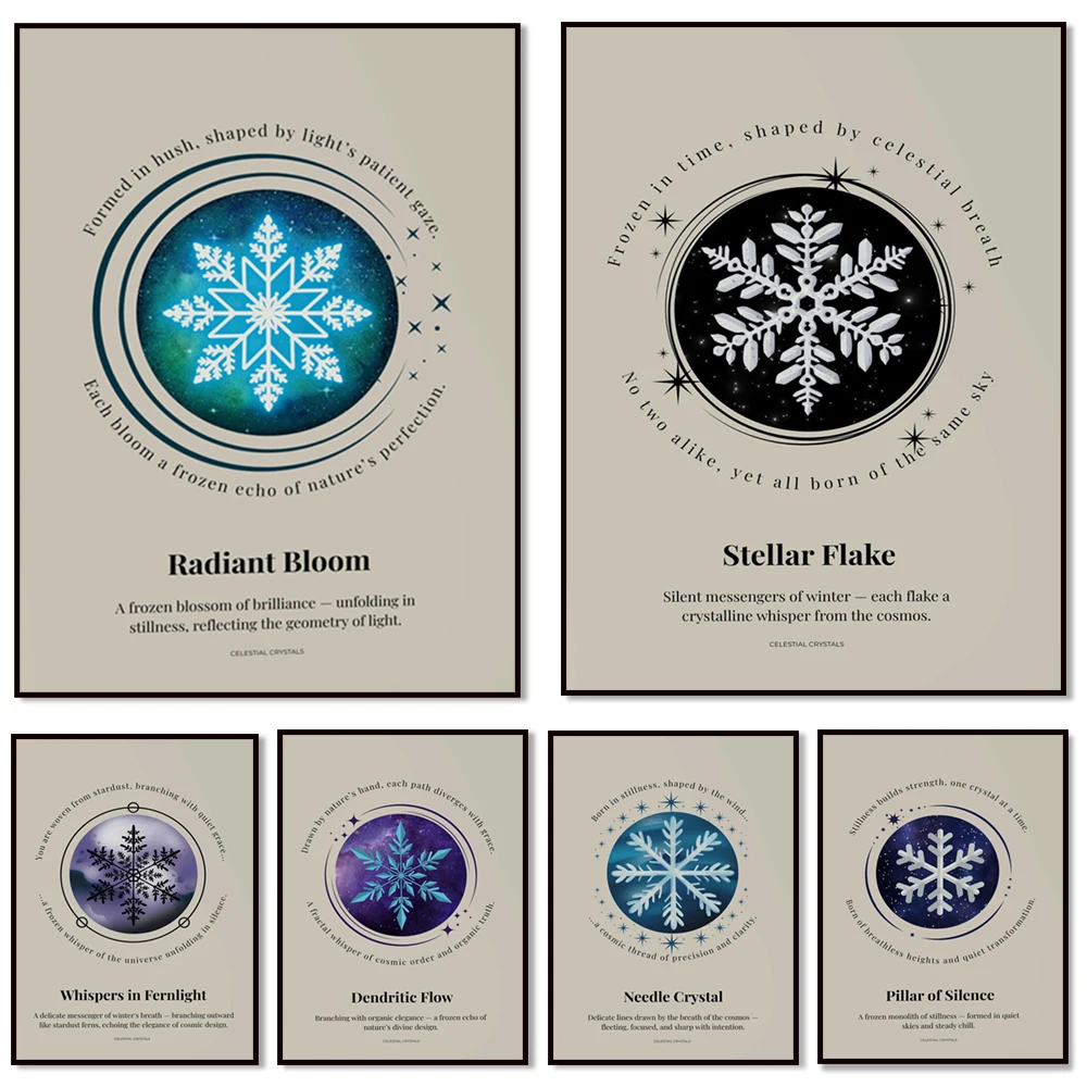 Branched snowflakes, star-shaped snowflakes, cosmic crystals, celestial ice art, spiritual nature poster, celestial winter decor