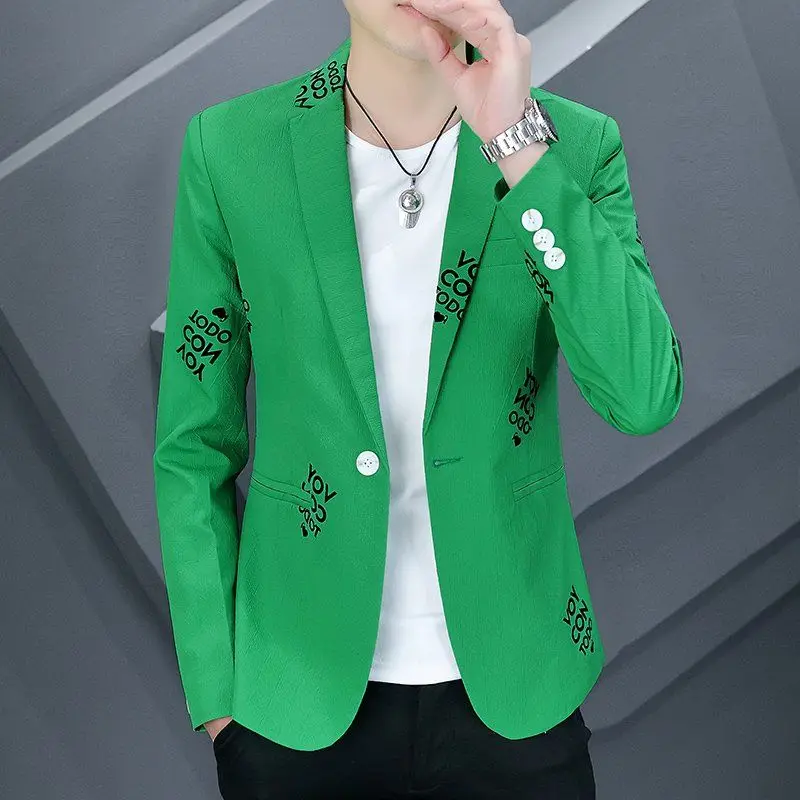 2-A38 Casual, Handsome, Spring Personalized Printed Korean Style Slim Suit Teenage Men's Small Suit Trendy Men's Clothing