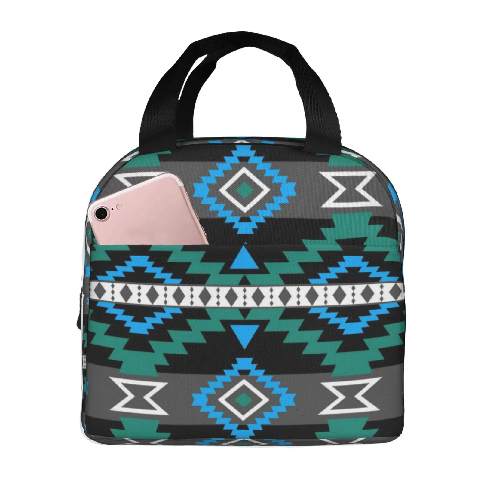 Navajo Triangle Stripe Retro Exotic Style Printing Lunch Bag Portable Thermal Cooler Insulated Bento Box for Kids Food Tote Bags