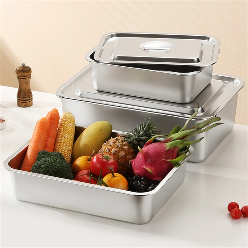 

Утолщенный поднос для хранения еды из нержавеющей стали, сервировочный поднос для шведского стола с крышкой, кухонная сливная сковорода, ресторан, отель, металлическая тарелка для посуды