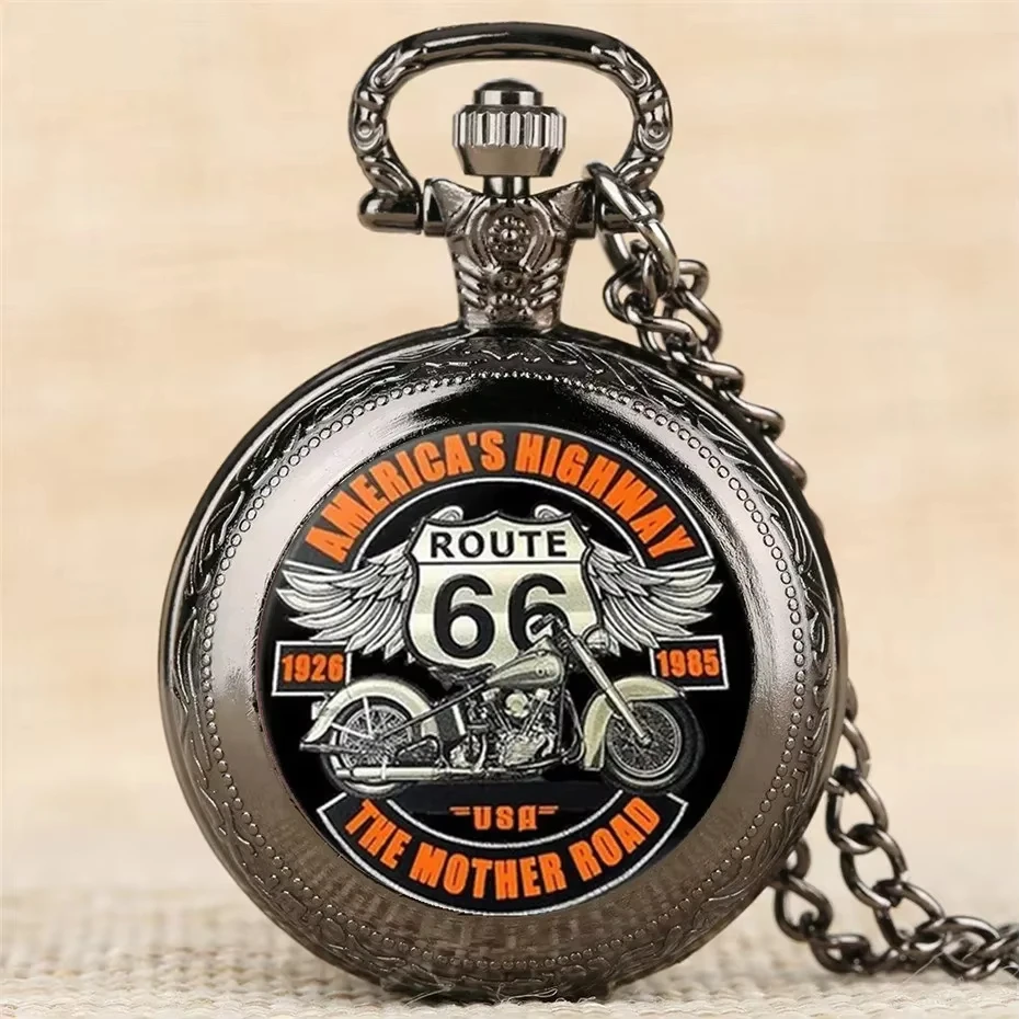 Exquisite Cool Motorbike Route 66 The Mother Road Pattern Pocket Watch Design, Precise Quartz Movement Watch Gift for Male Kids