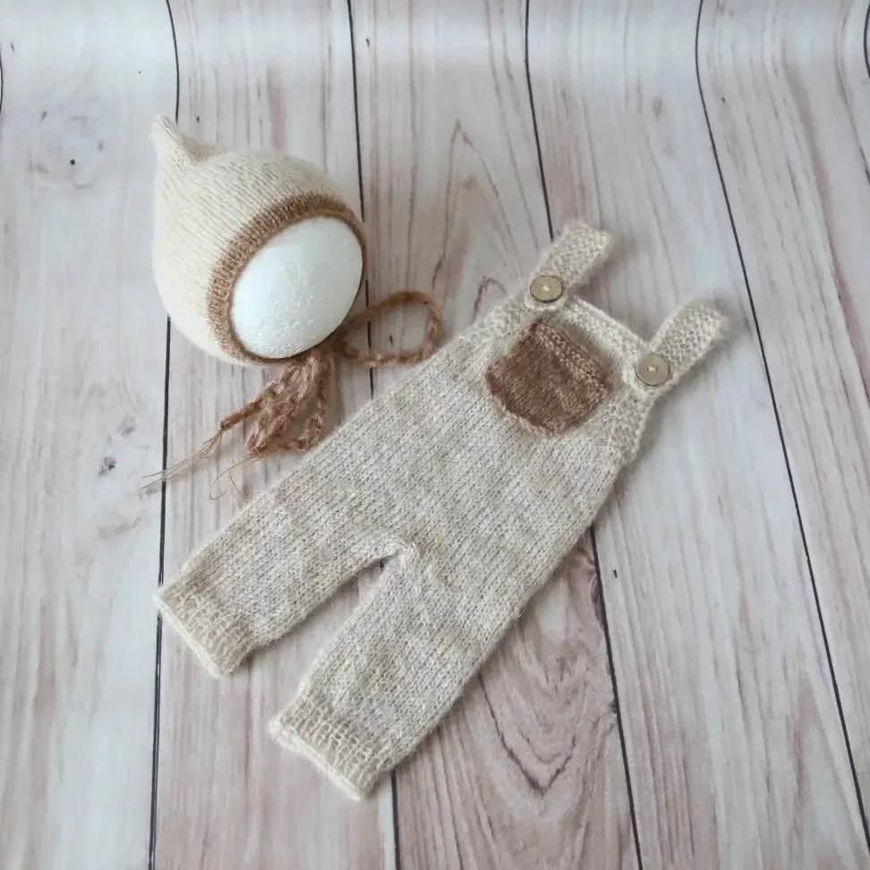 Newborn Knitted Overalls Pants Baby Jumpsuit Newborn Photography Props Costumes Baby  Romper And Bonnet Set Photo Shooting Props