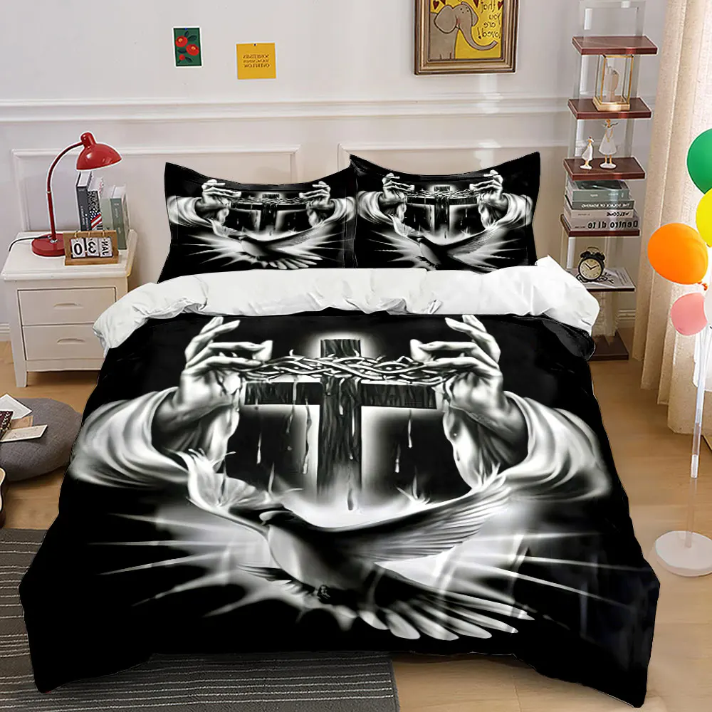 Radiant dove and thorn cross Duvet Cover Set with 3D Printing Design Soft Polyester Bedding Set All-Season Comfort for gifts