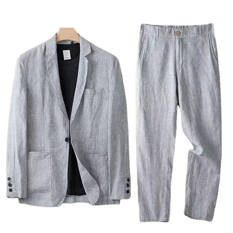 Spring Autumn Fashion Men Linen Two-piece Set Blazer Jacket + Pants Solid Slim Fit Casual Business Thin Clothing Breathable Suit