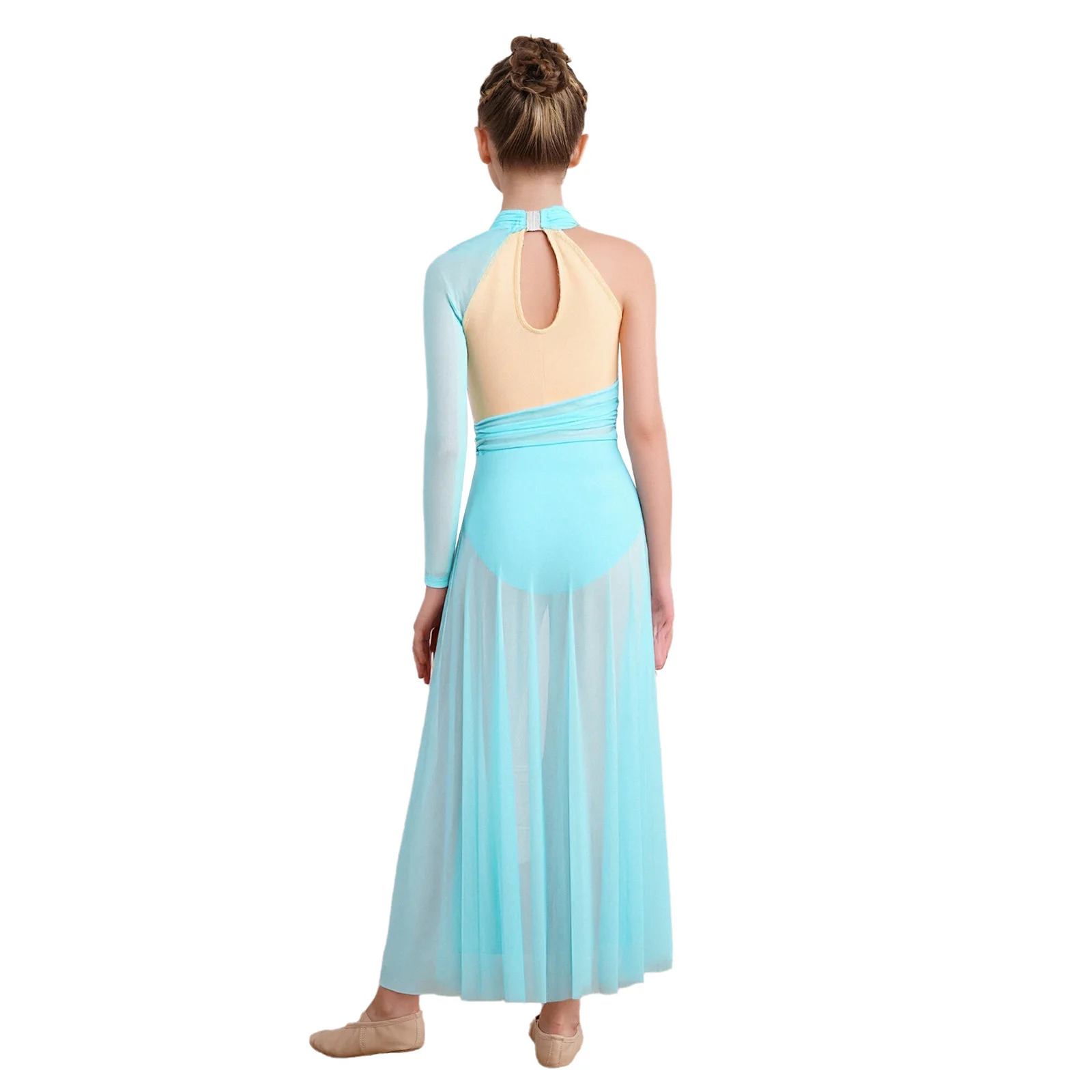 أطفال بنات الجمباز يوتار الباليه جيرسي فساتين الرقص الغنائية أداء زي سبليت غير النظامية هيم Ruched فستان شبكي #2