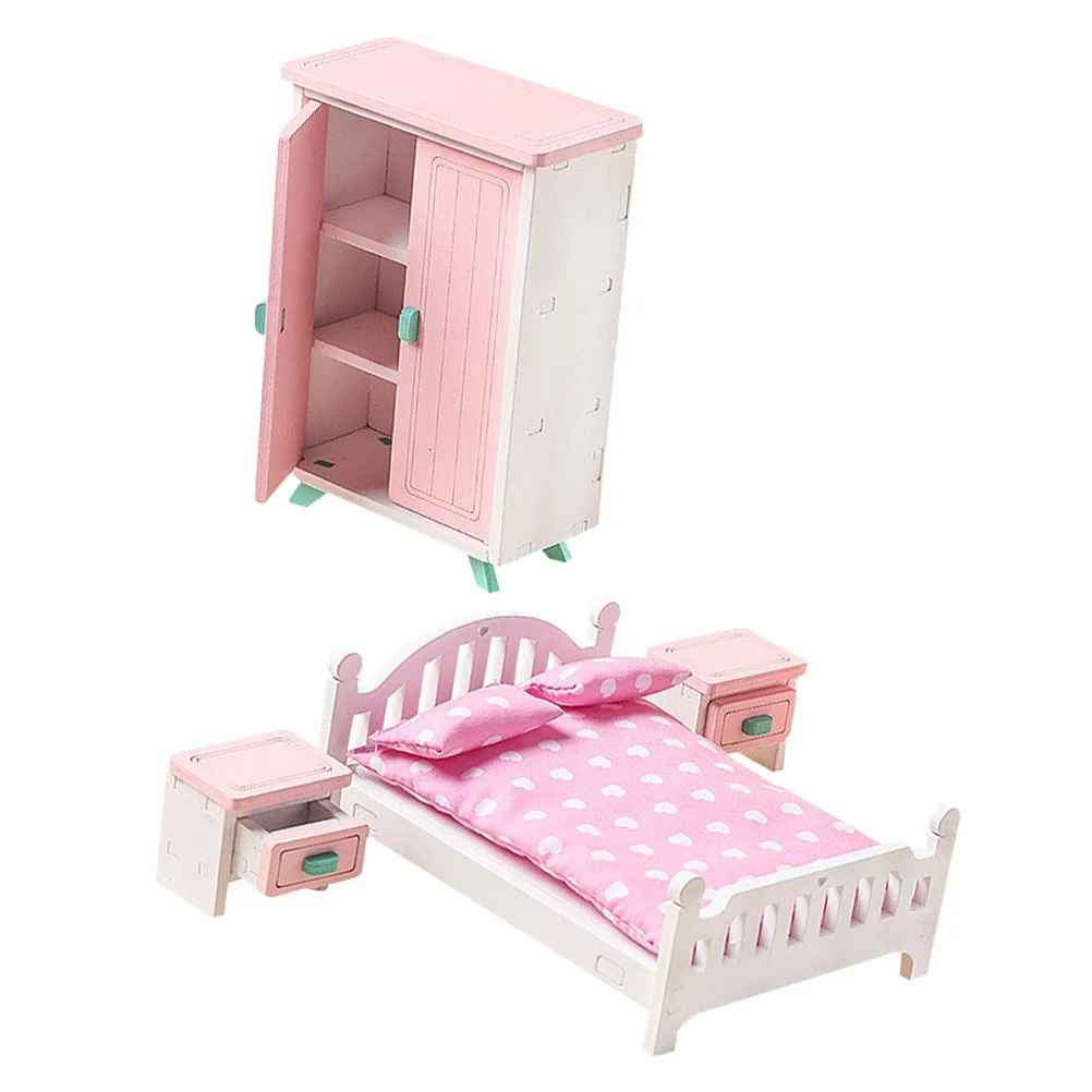 1Set Mini Houten Bed en Nachtkastje Set voor Miniatuur Huisindeling Lichtgewicht Realistisch Houten Meubilair Decoratieve Thuisscène