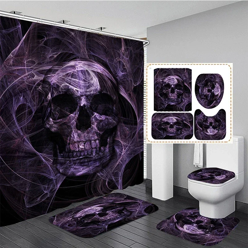 Skull Print Black Shower Curtains Set Bathroom Sets with Curtain and Rugs Bath Mat Carpet Bathtub Home Halloween Decor
