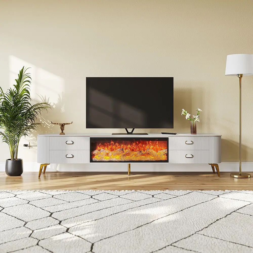 Light luxury white fireplace TV cabinet 3D simulation flame fake fire embedded fireplace decorative floor counter TV display cab