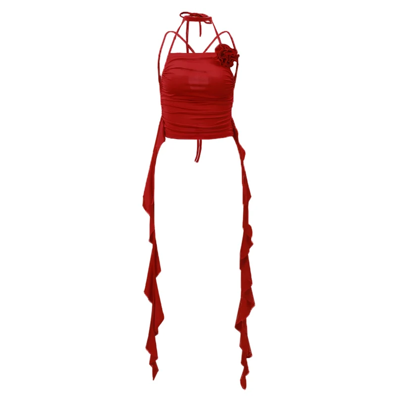 Xeemilo Vintage Red Off Shoulder Tank Top Y2K Chic 3d Flower Ruffles Backless Crop Tops Summer 2023 Sexy Pleated Halter Camisole