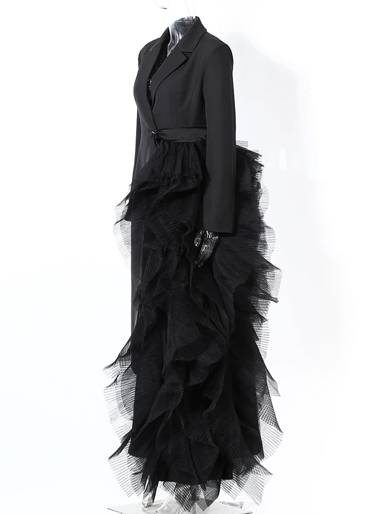Women Black Irregular Mesh Big Size Long Elegant Blazer New Lapel Long Sleeve Jacket Fashion Spring Autumn