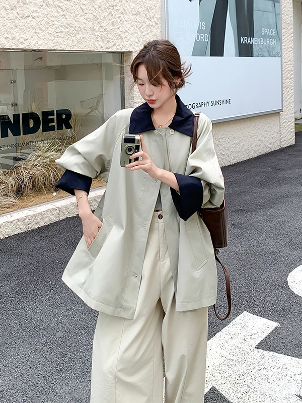 

Contrast Color Splicing Grey Green Women's Mid-Length Coat Spring Autumn New Fashion Casual Versatile Large Coat