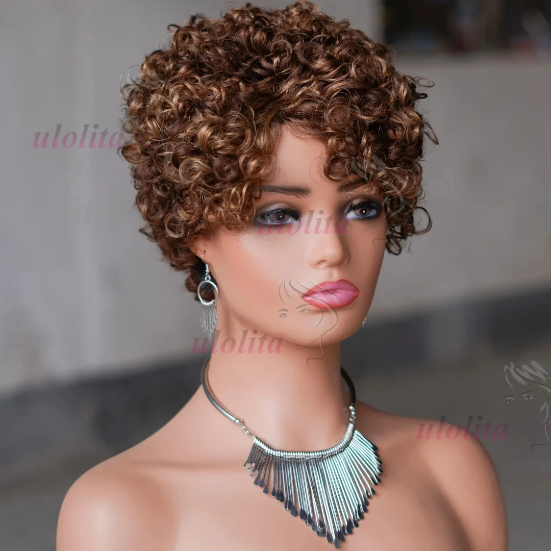 6 Zoll kurze lockige Perücken mit Pony, 4/30 Highlight Piano-Farbe für schwarze Frauen, Echthaar Pixie Cut, federnde lockige Echthaarperücken – Detail 2