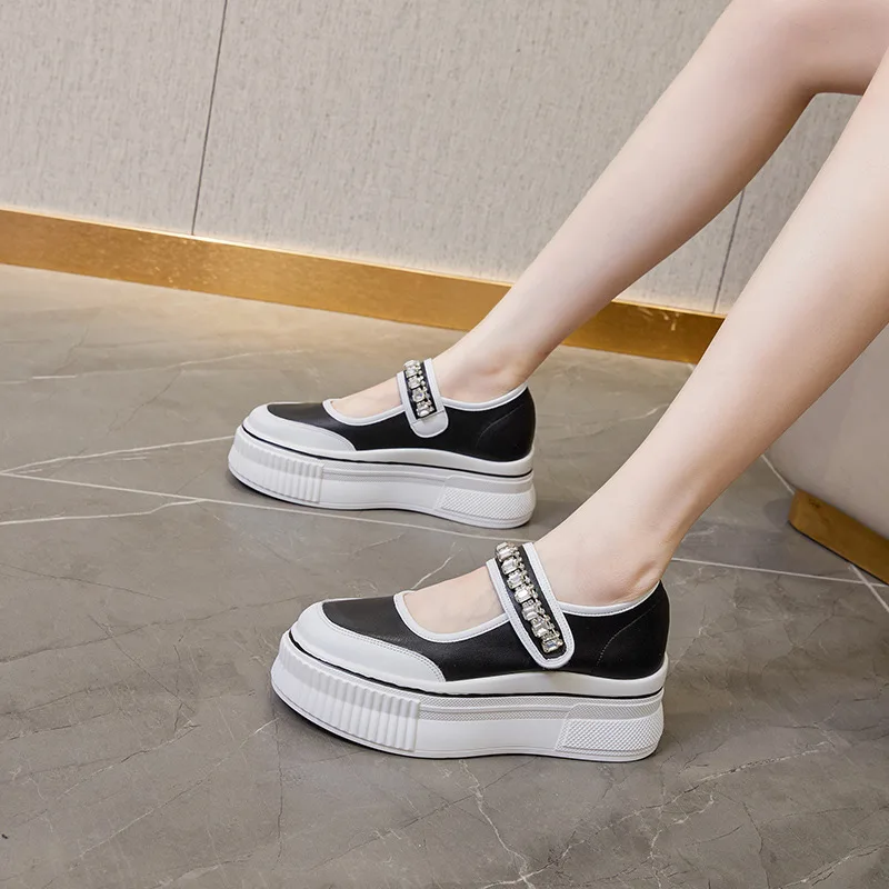 

Блестящие туфли-лодочки на платформе 8 см, женская летне-осенняя обувь, сандалии на танкетке, туфли на крючках без шнуровки со стразами, кроссовки из натуральной кожи 2025 г.