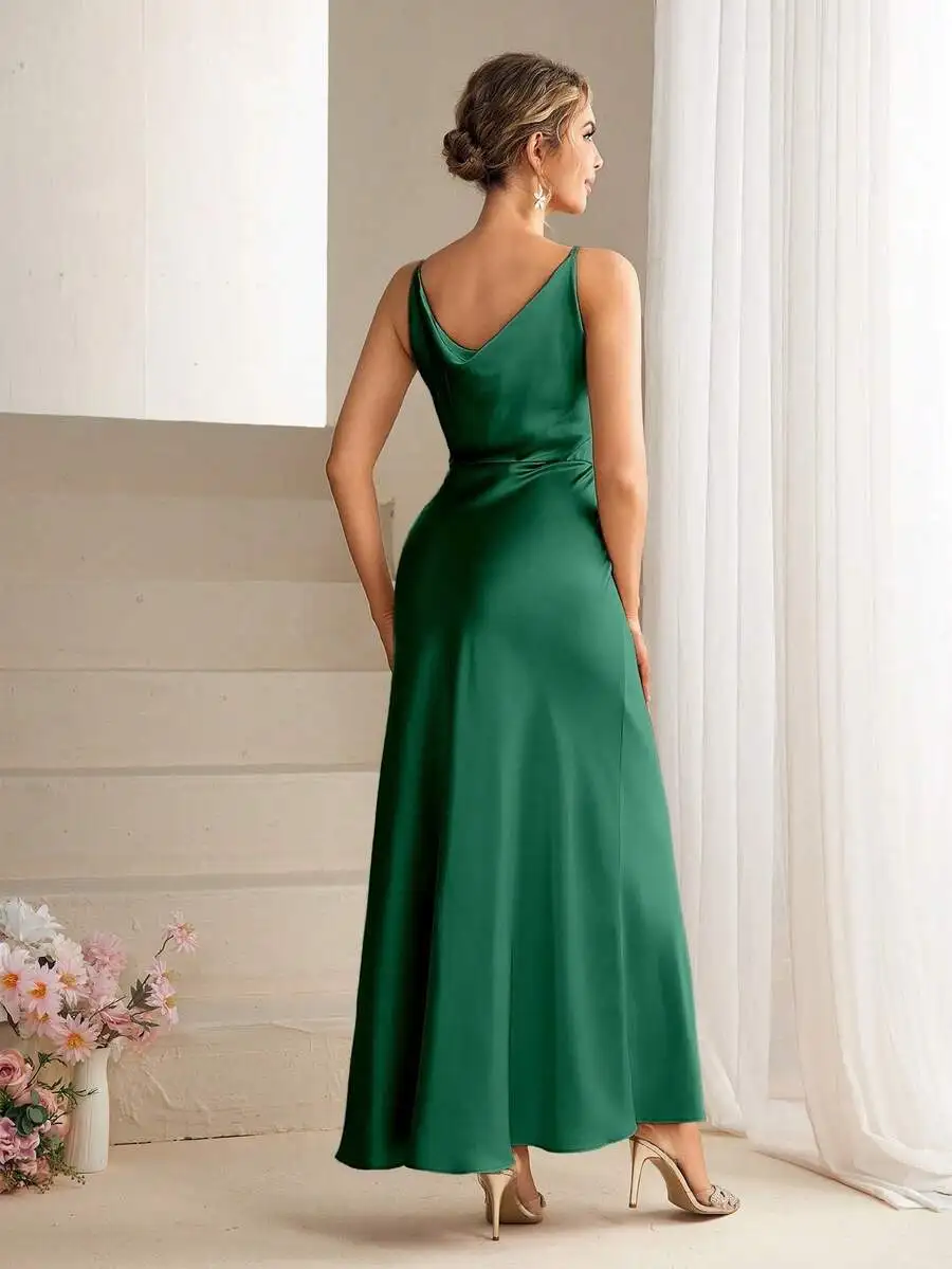 Elegant Satin Spaghetti Strap Long Gown For Bridesmaid Party Prom view 5